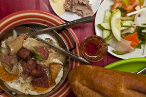 opla, fried eggs, sausage, pate, bread (banh mi), pickles at Hoa Ma, Ho Chi Minh City, Vietnam